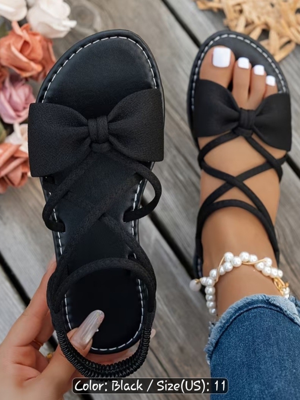 Black Bow Strappy Sandals for Women - Elegant Summer Flats